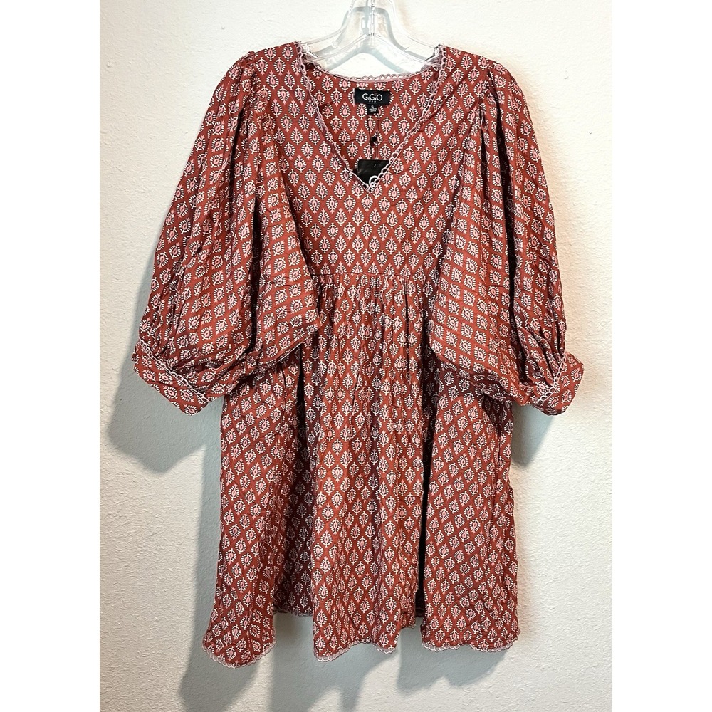 NWT GIGIO USA Women's Babydoll Dress Size Small Terracotta-Printed Mini Boho